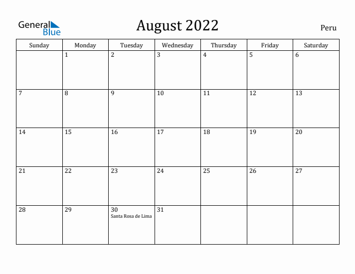 August 2022 Calendar Peru