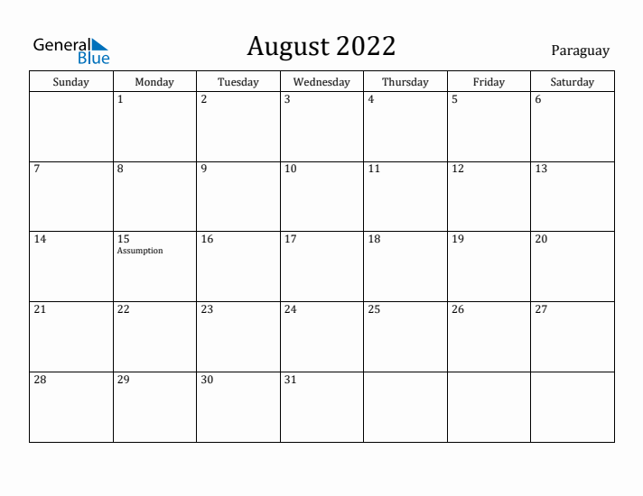 August 2022 Calendar Paraguay