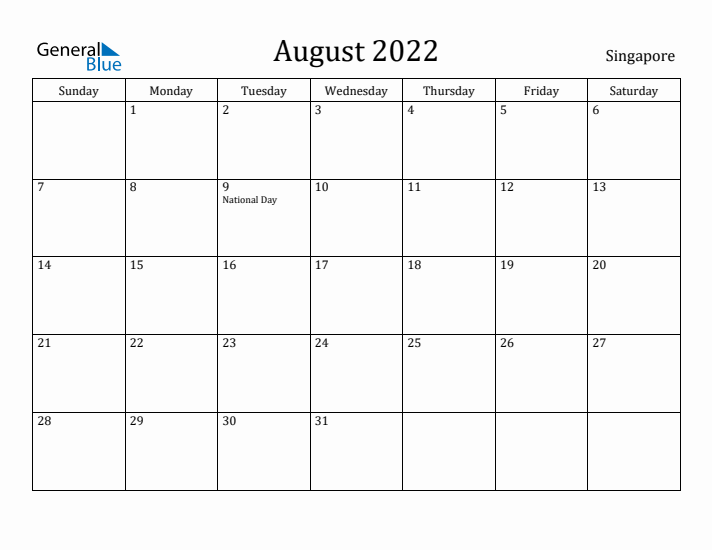 August 2022 Calendar Singapore