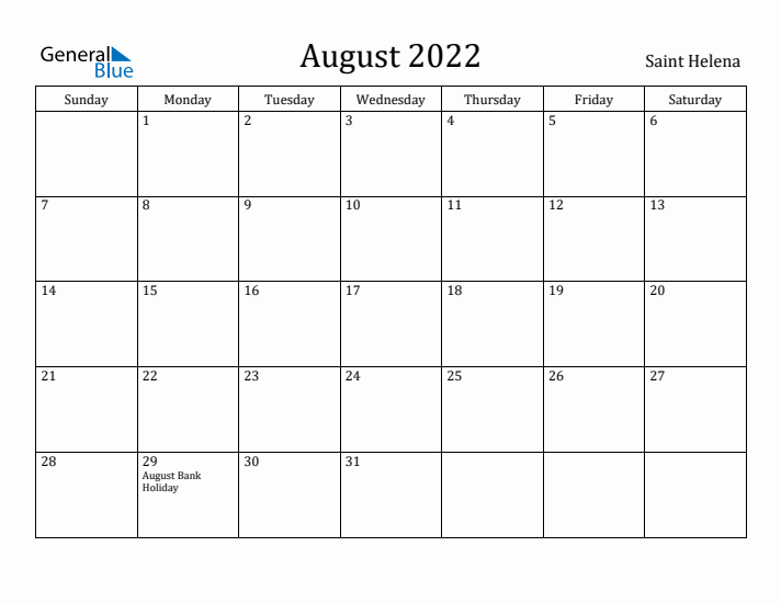 August 2022 Calendar Saint Helena