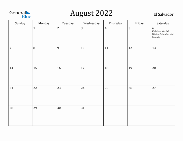 August 2022 Calendar El Salvador