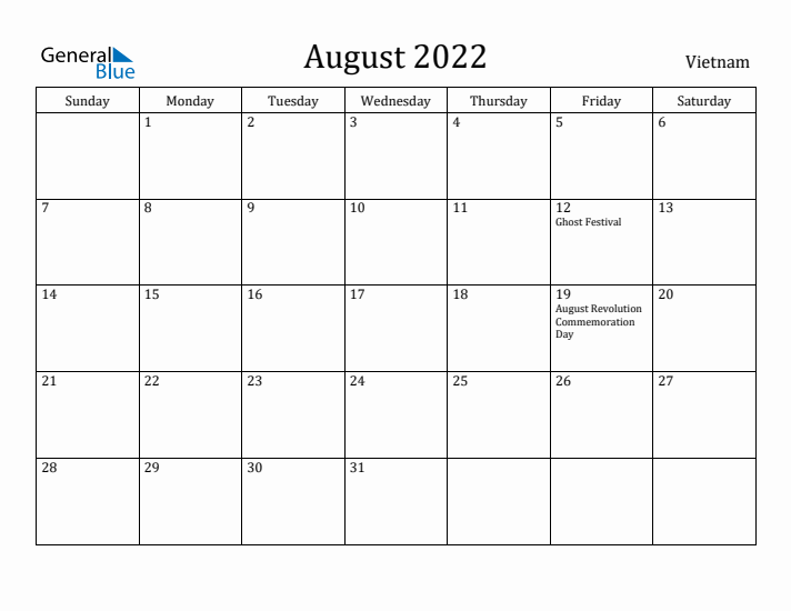 August 2022 Calendar Vietnam