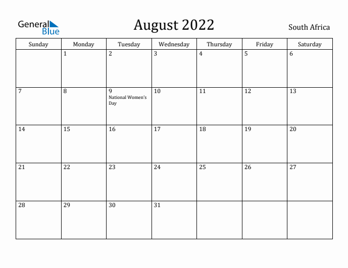 August 2022 Calendar South Africa