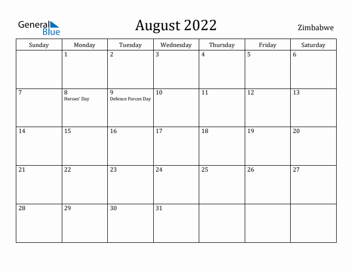 August 2022 Monthly Calendar with Zimbabwe Holidays