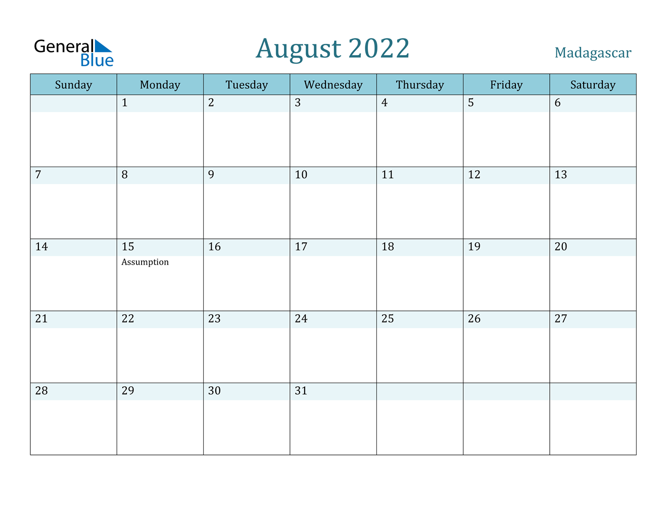 August 2022 Calendar Madagascar