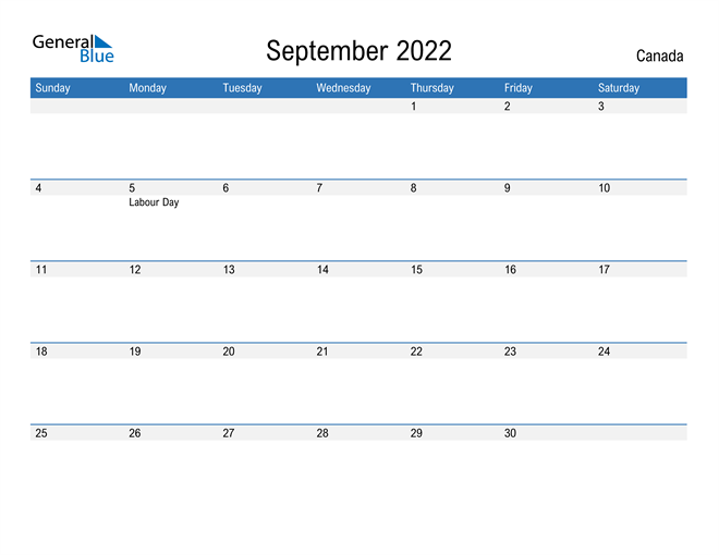 September 2022 Calendar with Canada Holidays