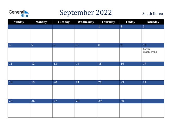 September 2022 South Korea Calendar