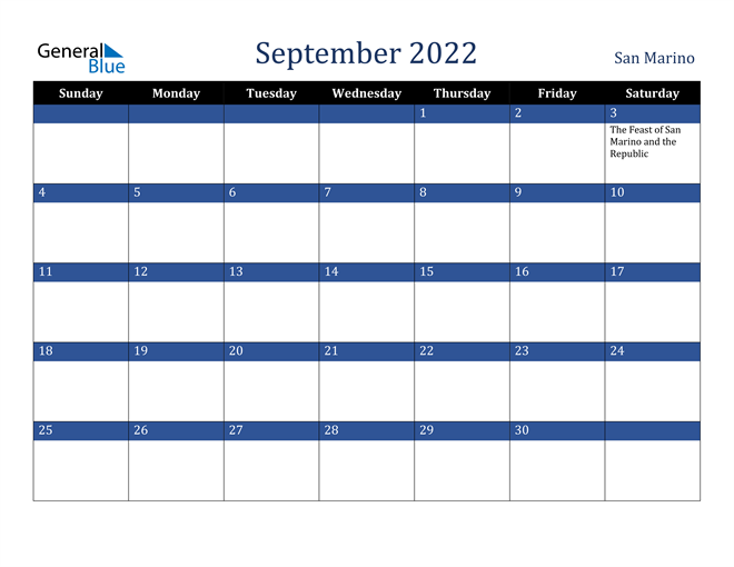 September 2022 San Marino Calendar