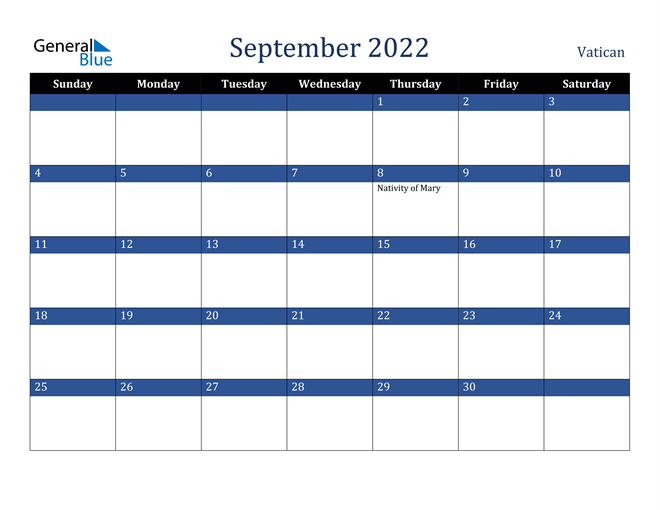 September 2022 Vatican Calendar