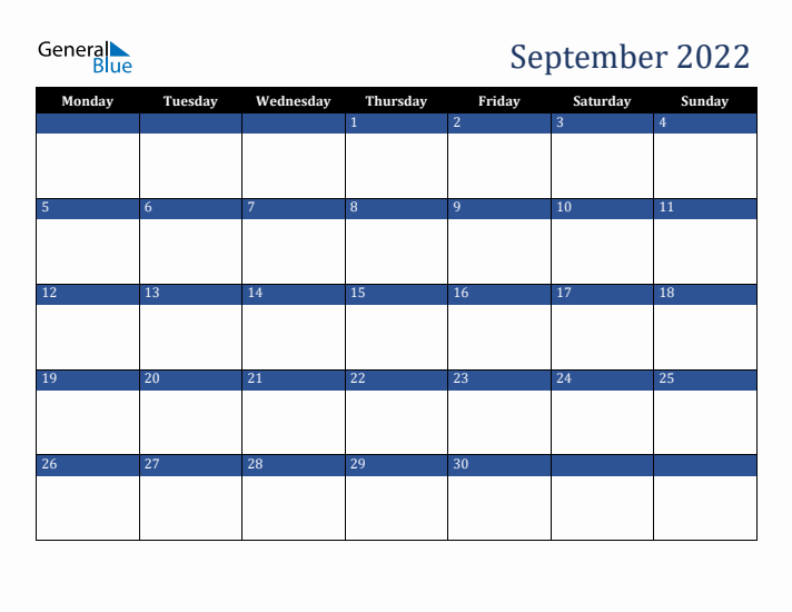 Monday Start Calendar for September 2022