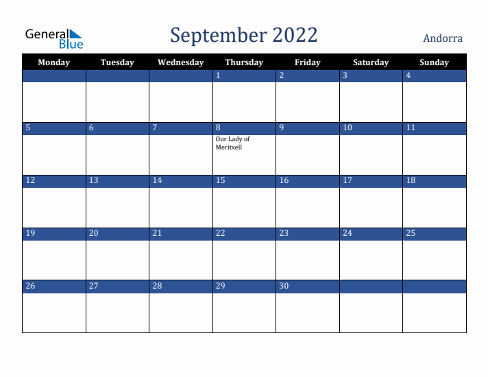 September 2022 Andorra Calendar (Monday Start)