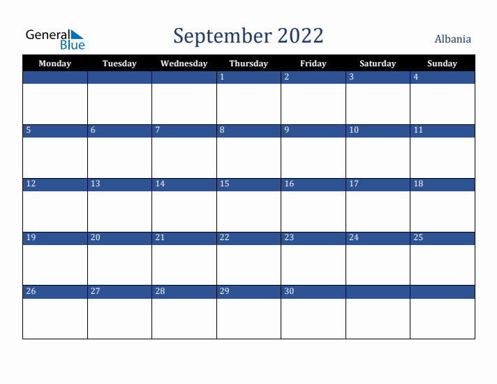 September 2022 Albania Calendar (Monday Start)