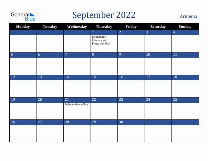 September 2022 Armenia Calendar (Monday Start)