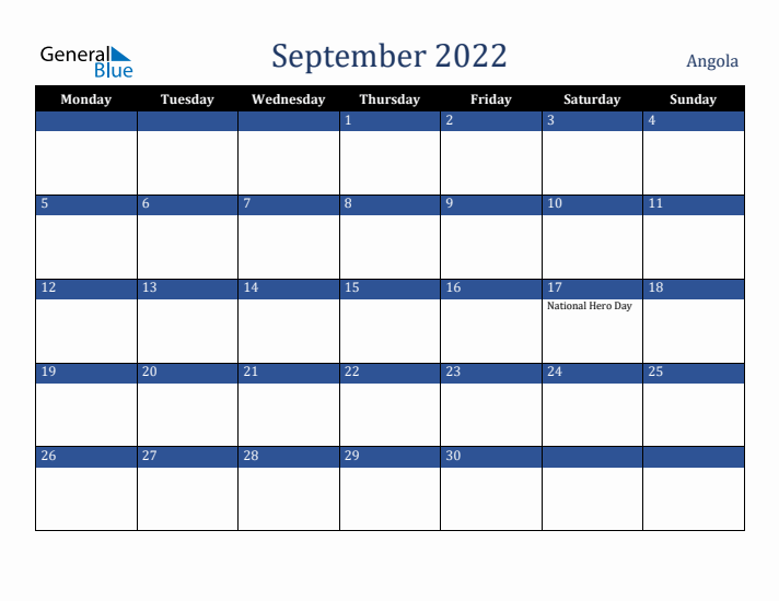 September 2022 Angola Calendar (Monday Start)