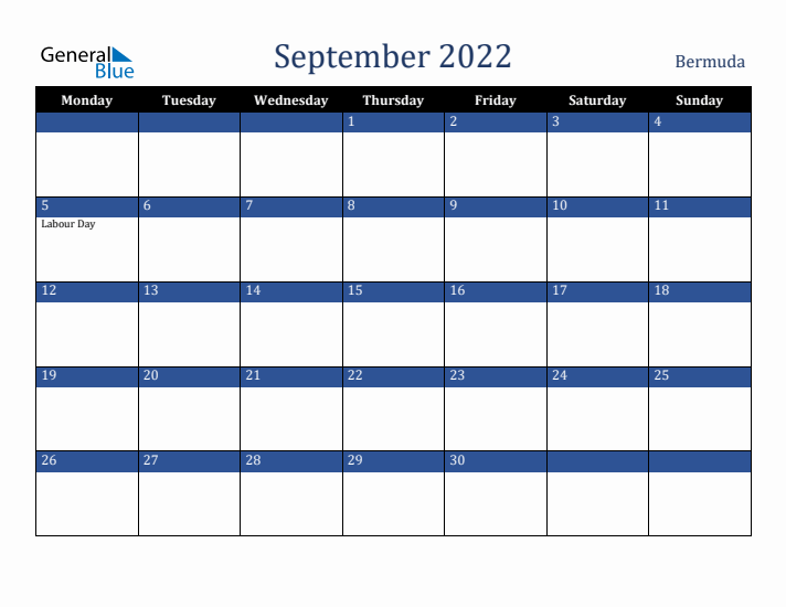September 2022 Bermuda Calendar (Monday Start)