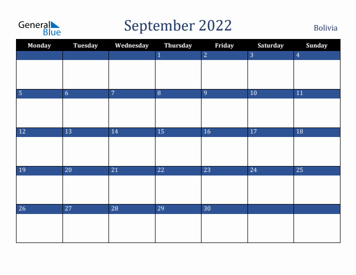 September 2022 Bolivia Calendar (Monday Start)
