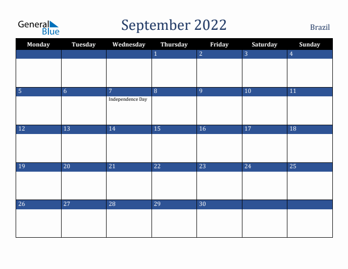 September 2022 Brazil Calendar (Monday Start)