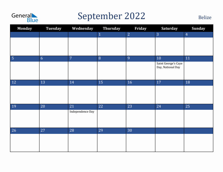 September 2022 Belize Calendar (Monday Start)