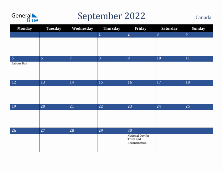 September 2022 Canada Calendar (Monday Start)