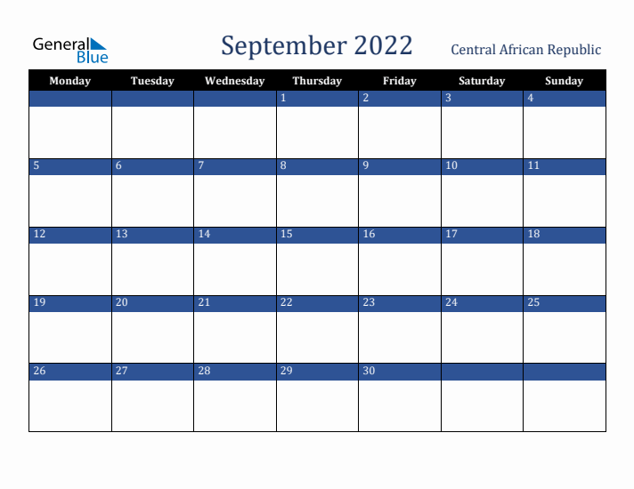 September 2022 Central African Republic Calendar (Monday Start)