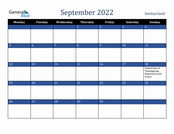 September 2022 Switzerland Calendar (Monday Start)