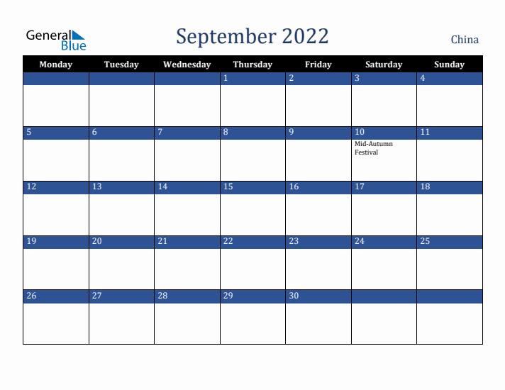 September 2022 China Calendar (Monday Start)