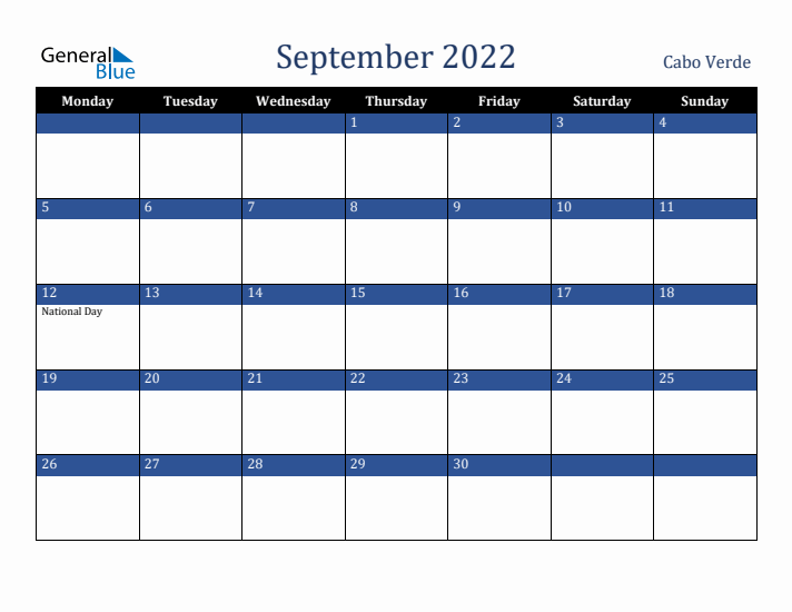 September 2022 Cabo Verde Calendar (Monday Start)