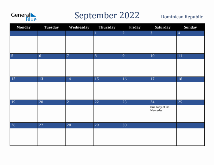 September 2022 Dominican Republic Calendar (Monday Start)