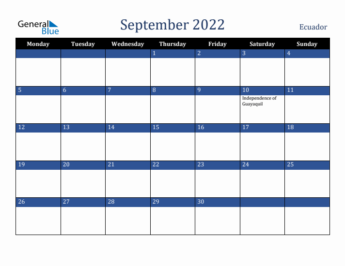 September 2022 Ecuador Calendar (Monday Start)