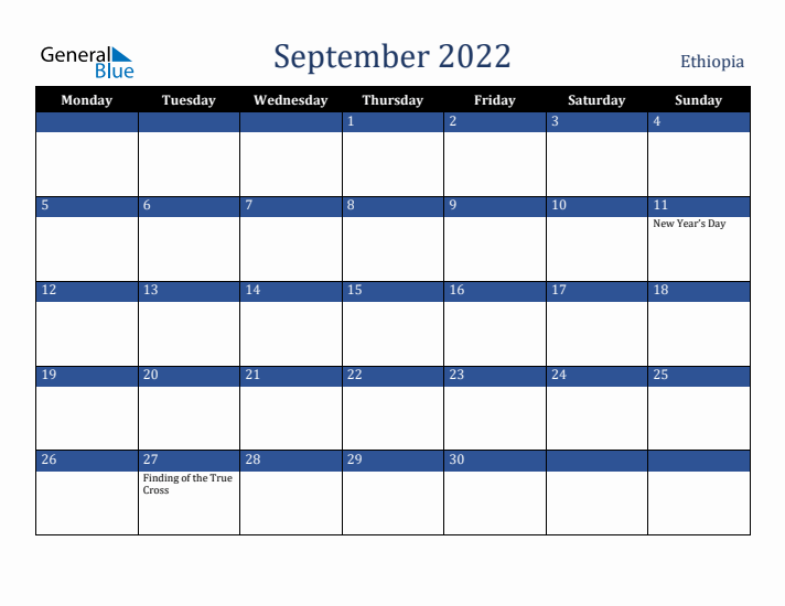 September 2022 Ethiopia Calendar (Monday Start)