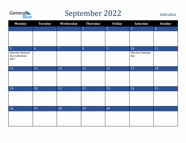 September 2022 Gibraltar Calendar (Monday Start)