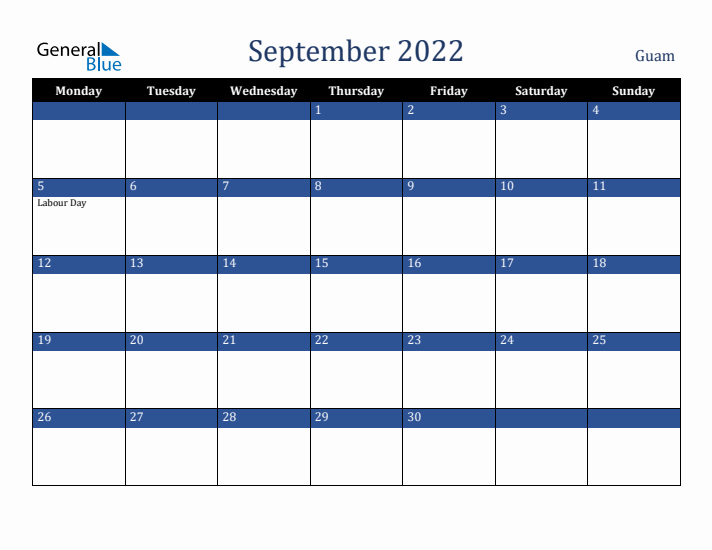 September 2022 Guam Calendar (Monday Start)