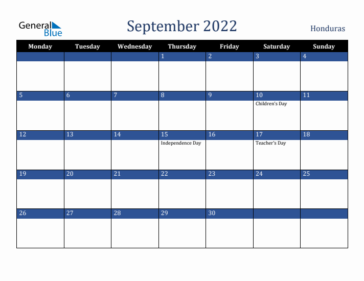 September 2022 Honduras Calendar (Monday Start)