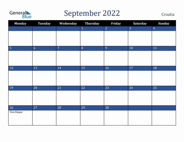 September 2022 Croatia Calendar (Monday Start)