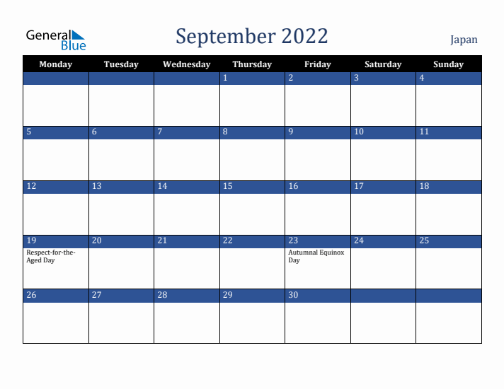 September 2022 Japan Calendar (Monday Start)