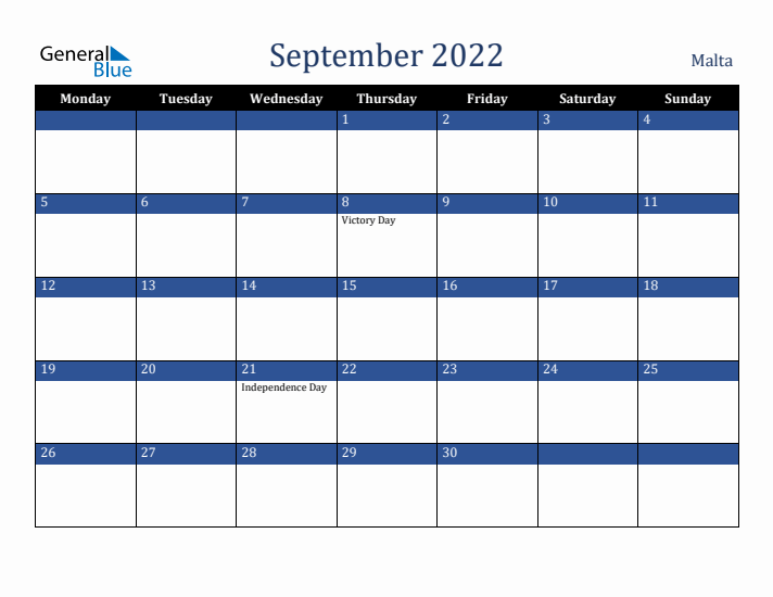 September 2022 Malta Calendar (Monday Start)