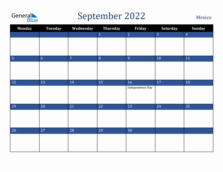 September 2022 Mexico Calendar (Monday Start)