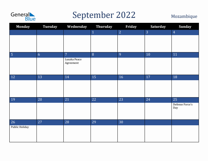 September 2022 Mozambique Calendar (Monday Start)