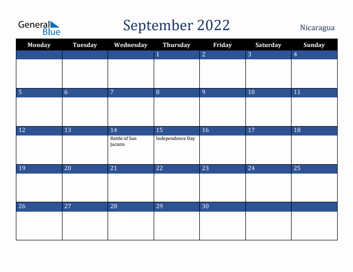 September 2022 Nicaragua Calendar (Monday Start)