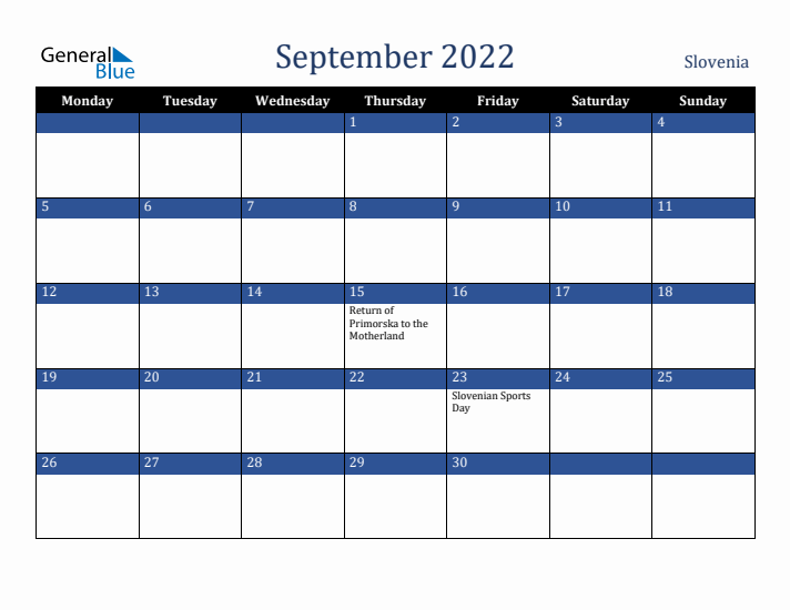 September 2022 Slovenia Calendar (Monday Start)