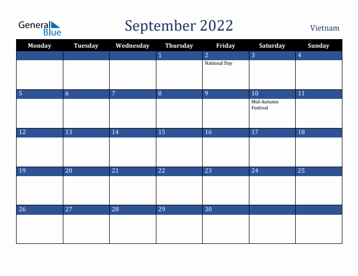 September 2022 Vietnam Calendar (Monday Start)