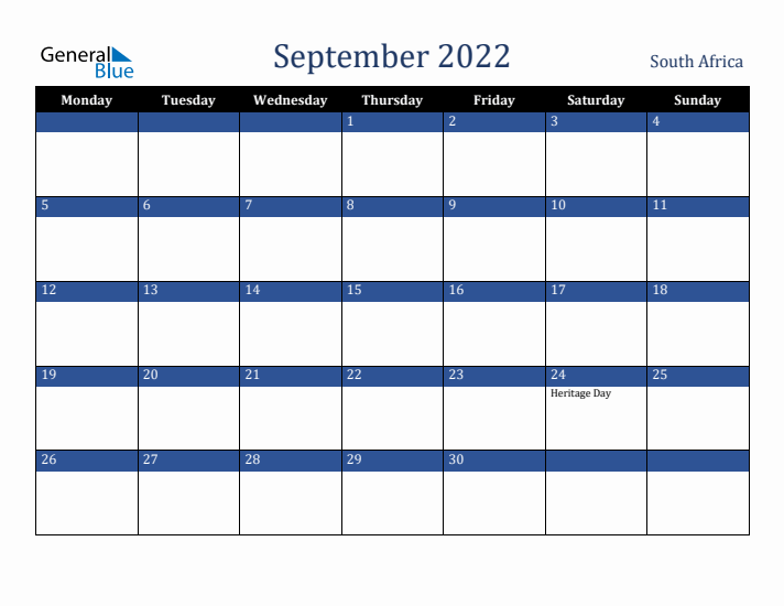 September 2022 South Africa Calendar (Monday Start)