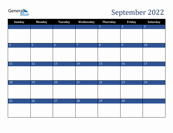 Sunday Start Calendar for September 2022