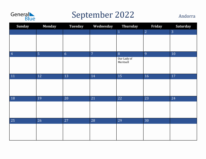 September 2022 Andorra Calendar (Sunday Start)