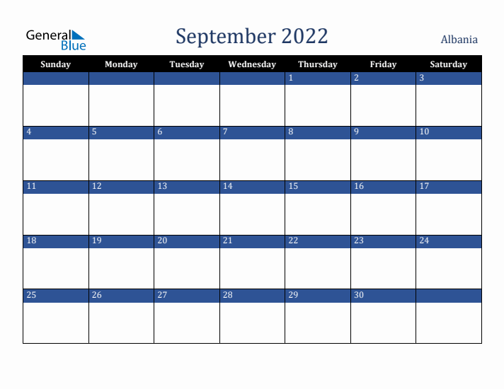 September 2022 Albania Calendar (Sunday Start)