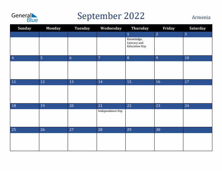 September 2022 Armenia Calendar (Sunday Start)