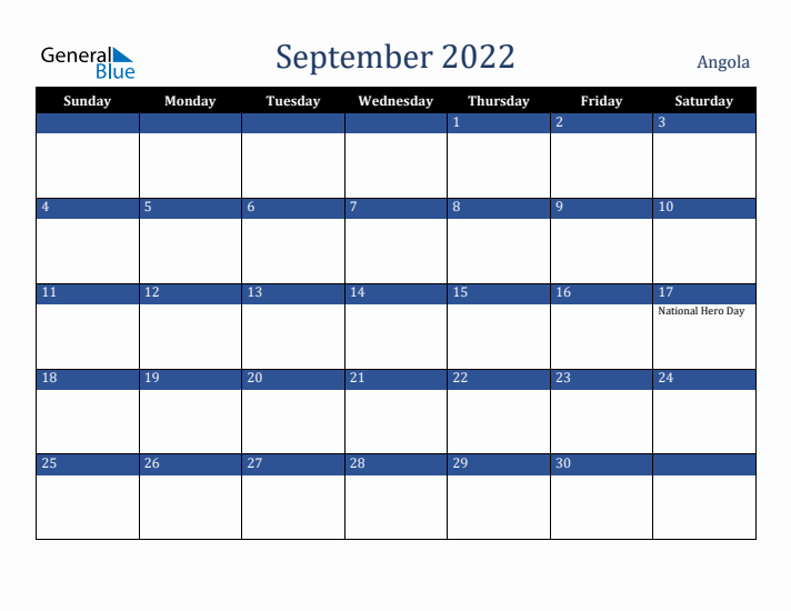 September 2022 Angola Calendar (Sunday Start)