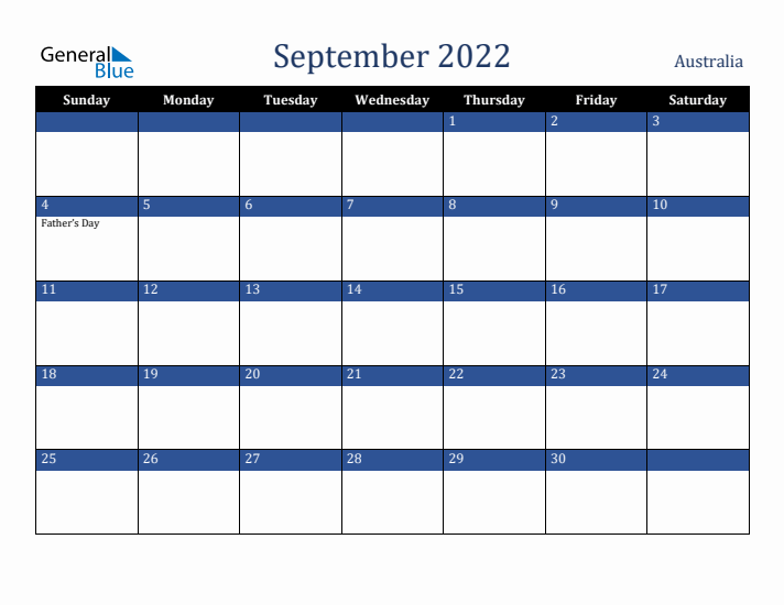 September 2022 Australia Calendar (Sunday Start)