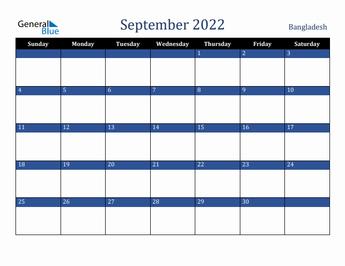 September 2022 Bangladesh Calendar (Sunday Start)