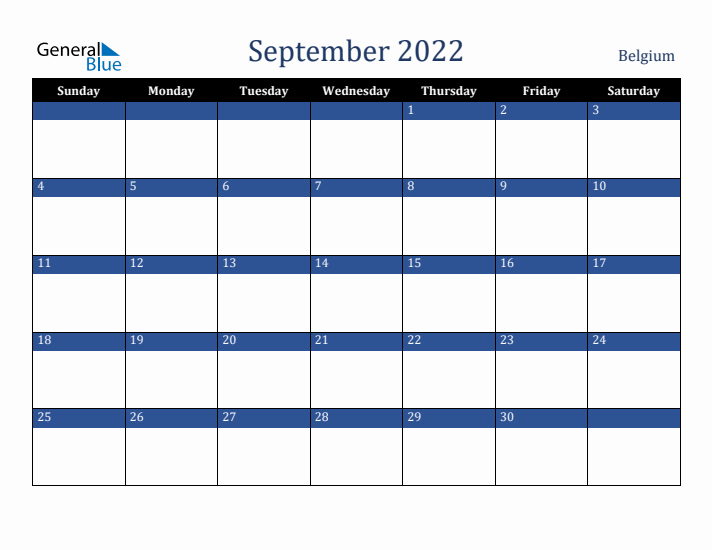 September 2022 Belgium Calendar (Sunday Start)